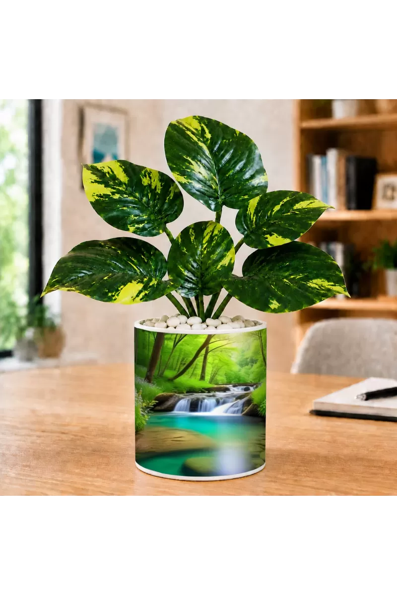 Artificial Tree Ceramic Photo Pot With White Stones 3x4 Inch (F164744)