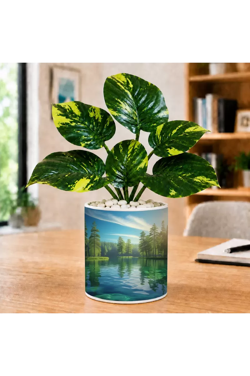Artificial Tree Ceramic Photo Pot With White Stones 3x4 Inch (F164745)