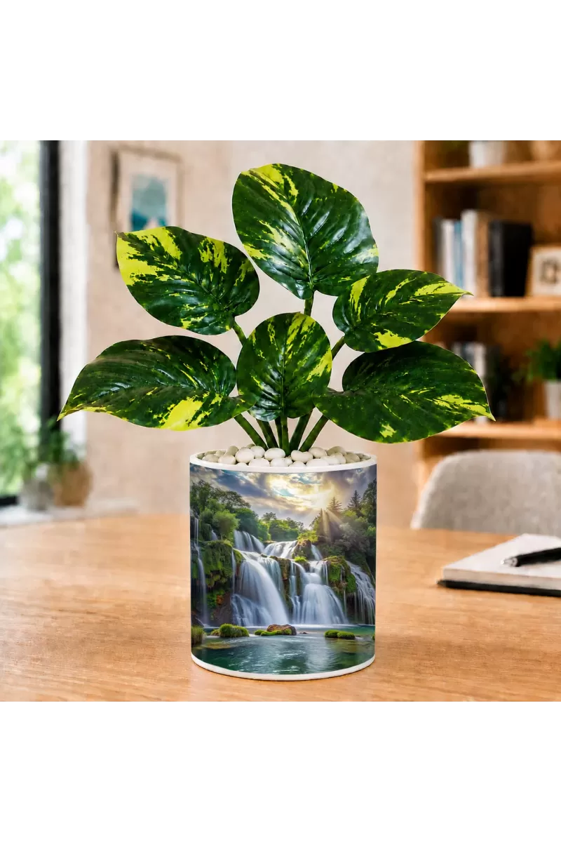 Artificial Tree Ceramic Photo Pot With White Stones 3x4 Inch (F164748)