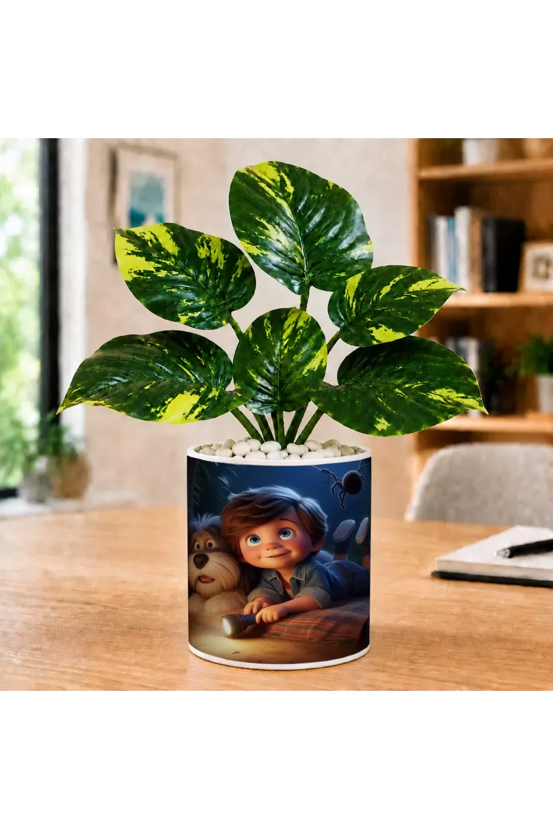 Artificial Tree Ceramic Photo Pot With White Stones 3x4 Inch (F164751)