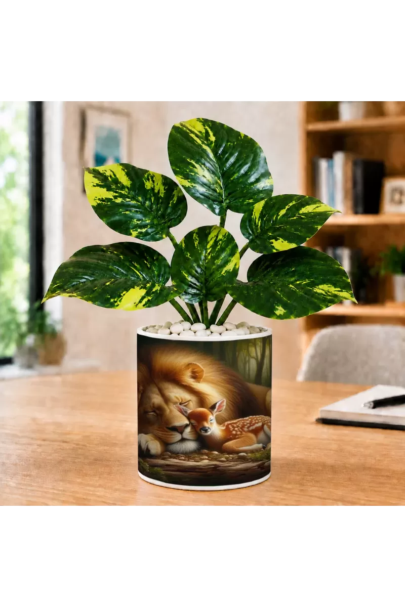 Artificial Tree Ceramic Photo Pot With White Stones 3x4 Inch (F164760)
