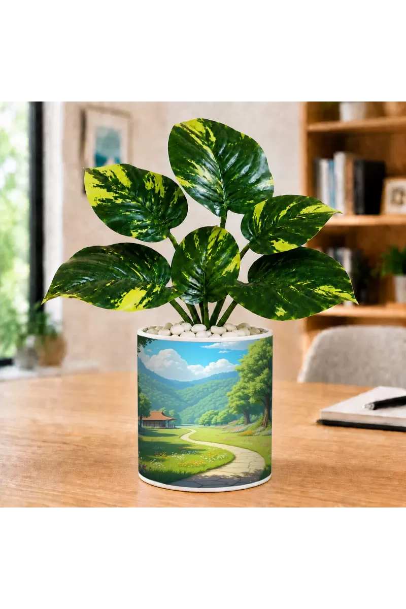 Artificial Tree Ceramic Photo Pot With White Stones 3x4 Inch (F164762)