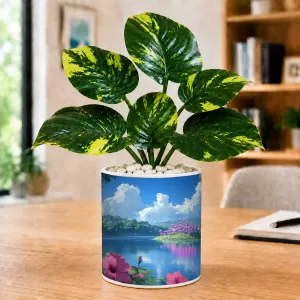 Artificial Tree Ceramic Photo Pot With White Stones 3x4 Inch (F164769)
