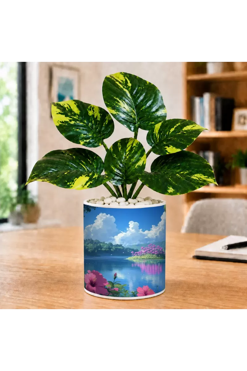 Artificial Tree Ceramic Photo Pot With White Stones 3x4 Inch (F164769)
