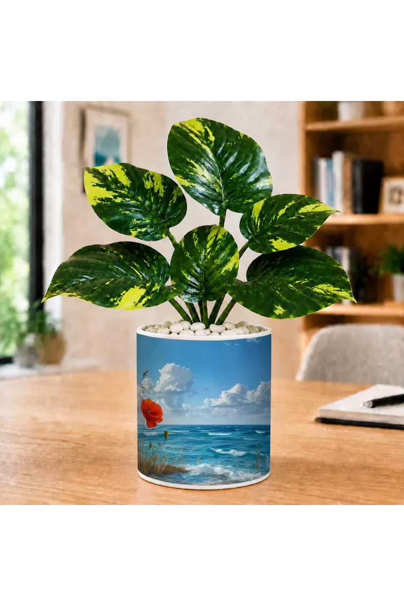Artificial Tree Ceramic Photo Pot With White Stones 3x4 Inch (F164773)