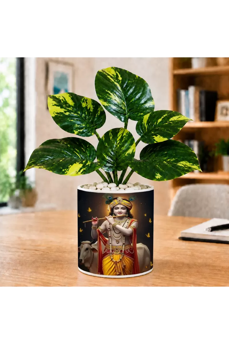 Artificial Tree Ceramic Photo Pot With White Stones 3x4 Inch (F164776)