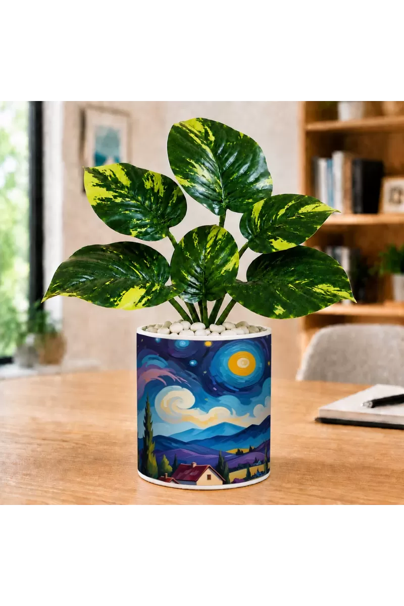 Artificial Tree Ceramic Photo Pot With White Stones 3x4 Inch (F164786)