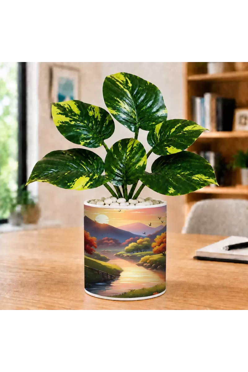Artificial Tree Ceramic Photo Pot With White Stones 3x4 Inch (F164800)