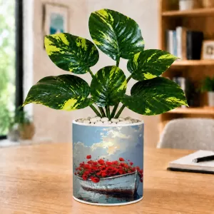 Artificial Tree Ceramic Photo Pot With White Stones 3x4 Inch (F164801)