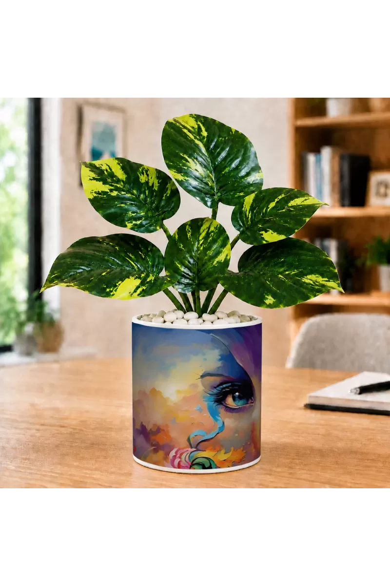 Artificial Tree Ceramic Photo Pot With White Stones 3x4 Inch (F164803)