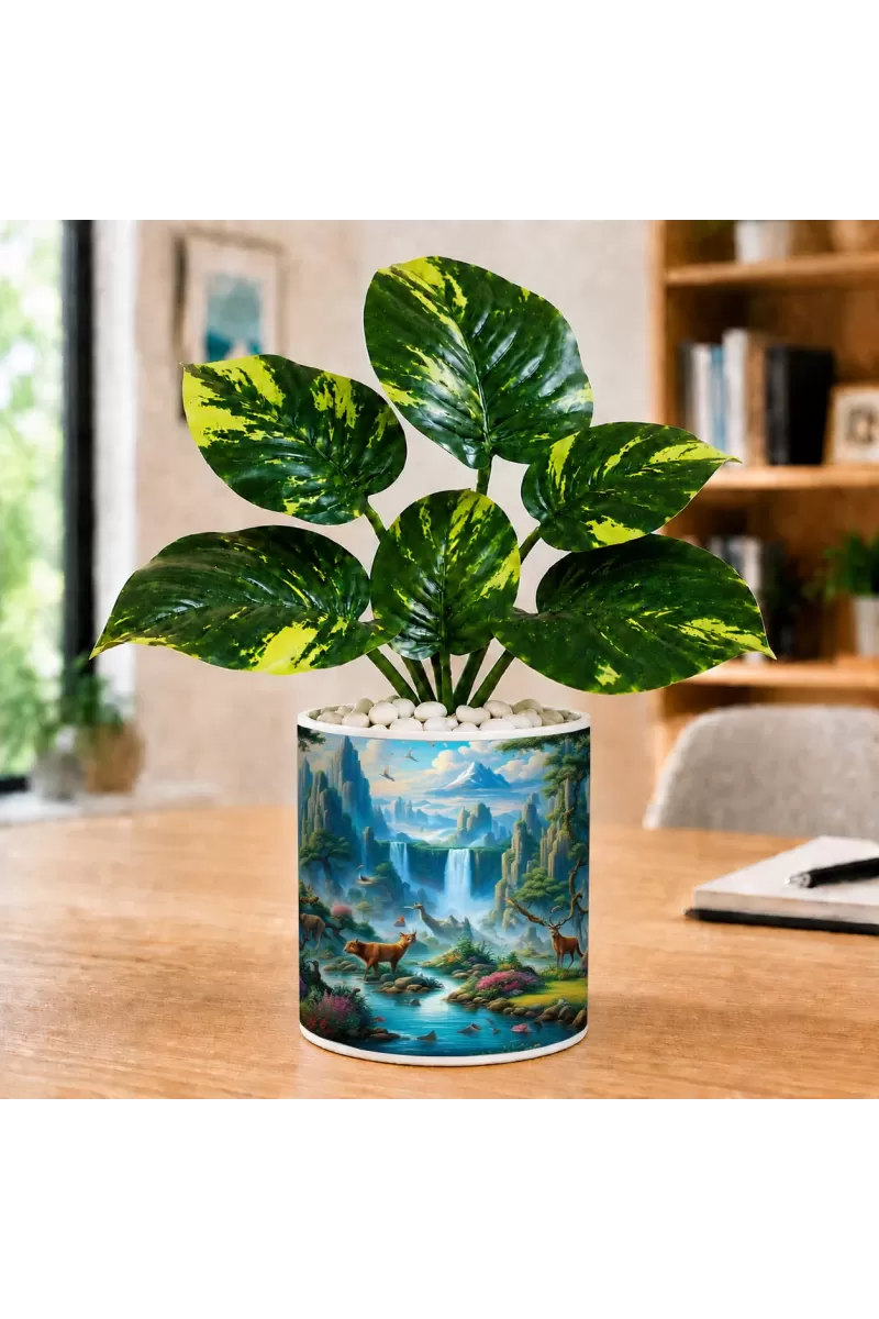 Artificial Tree Ceramic Photo Pot With White Stones 3x4 Inch (F164814)