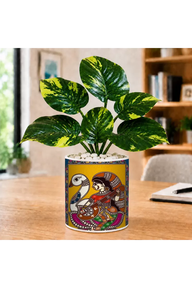 Artificial Tree Ceramic Photo Pot With White Stones 3x4 Inch (F164815)