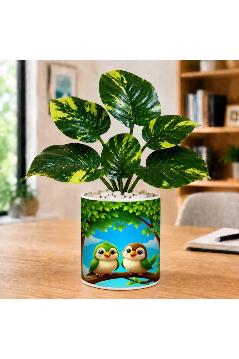Artificial Tree Ceramic Photo Pot With White Stones 3x4 Inch (F164817)