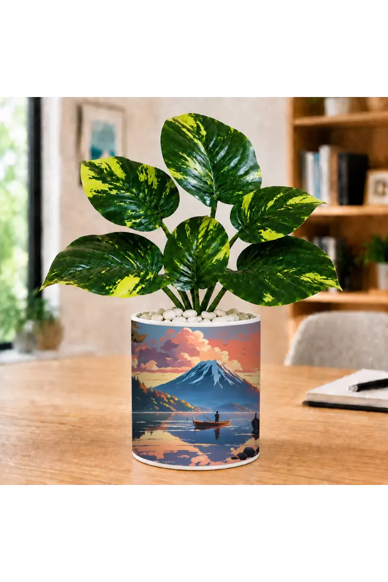 Artificial Tree Ceramic Photo Pot With White Stones 3x4 Inch (F164819)