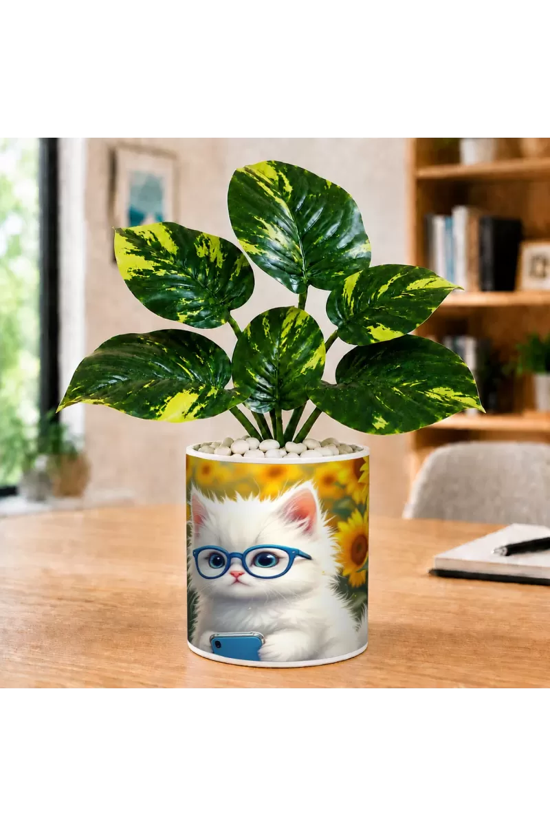 Artificial Tree Ceramic Photo Pot With White Stones 3x4 Inch (F164825)