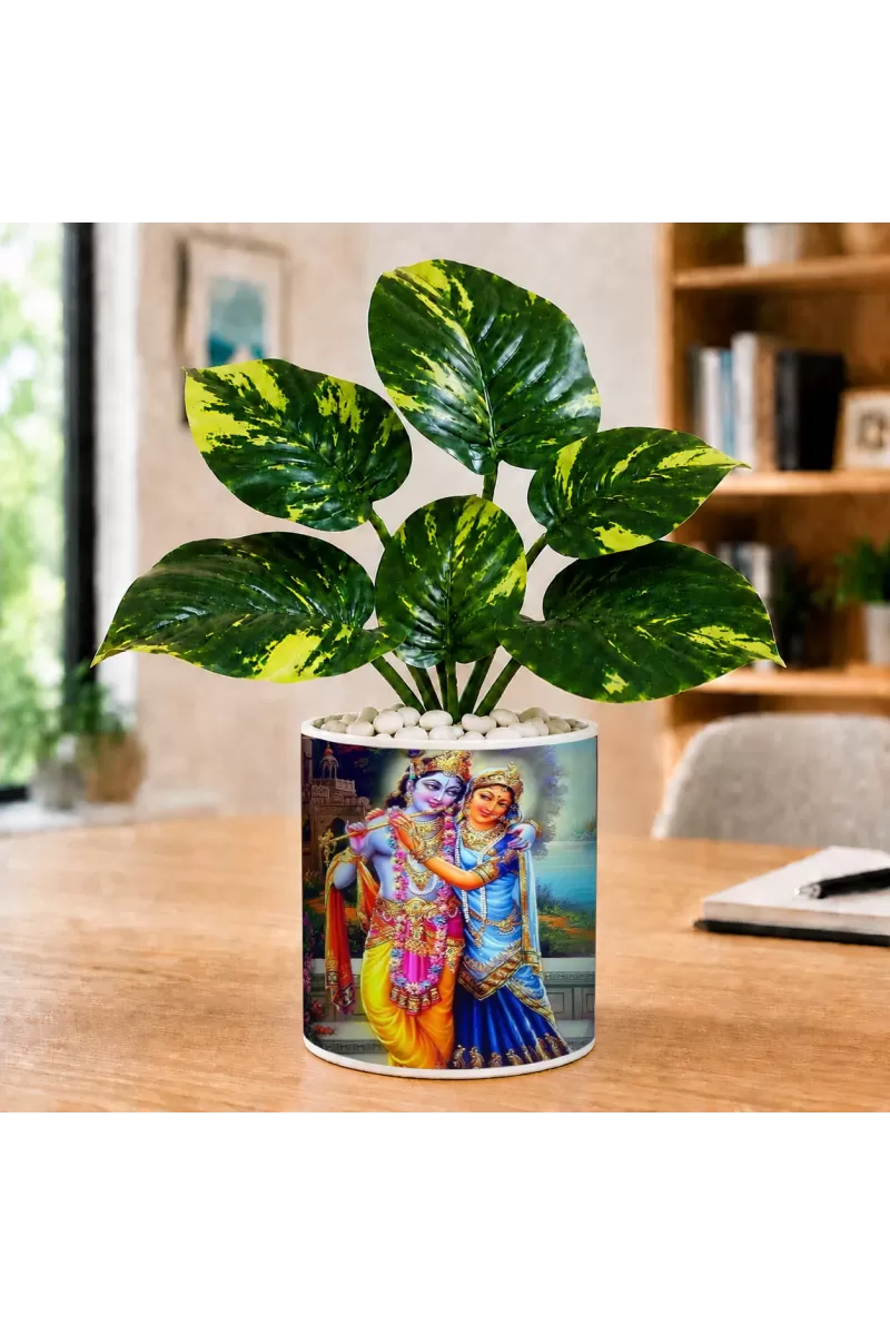 Artificial Tree Ceramic Photo Pot With White Stones 3x4 Inch (F164827)