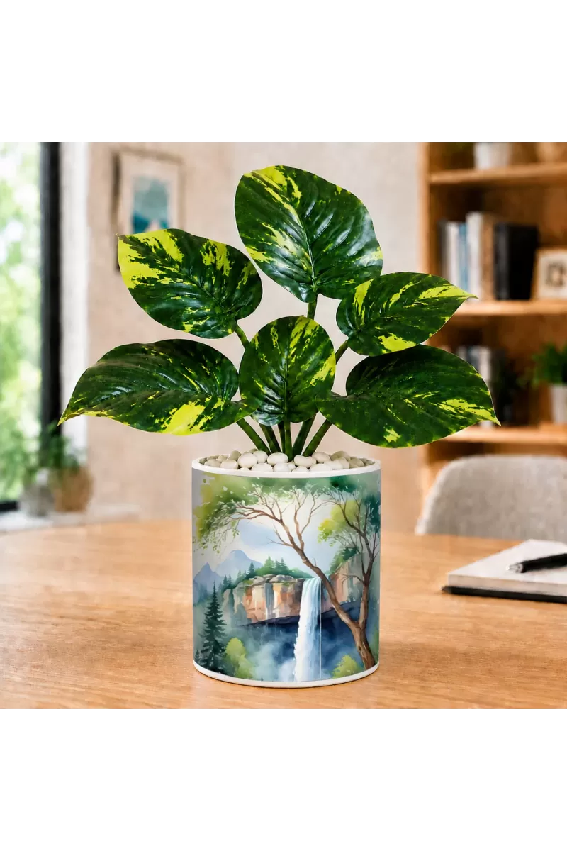 Artificial Tree Ceramic Photo Pot With White Stones 3x4 Inch (F164828)