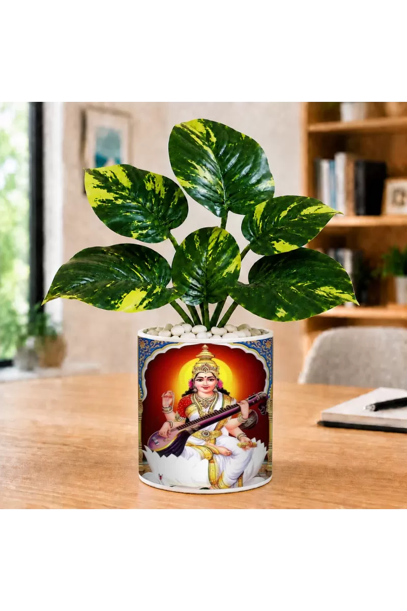 Artificial Tree Ceramic Photo Pot With White Stones 3x4 Inch (F164830)