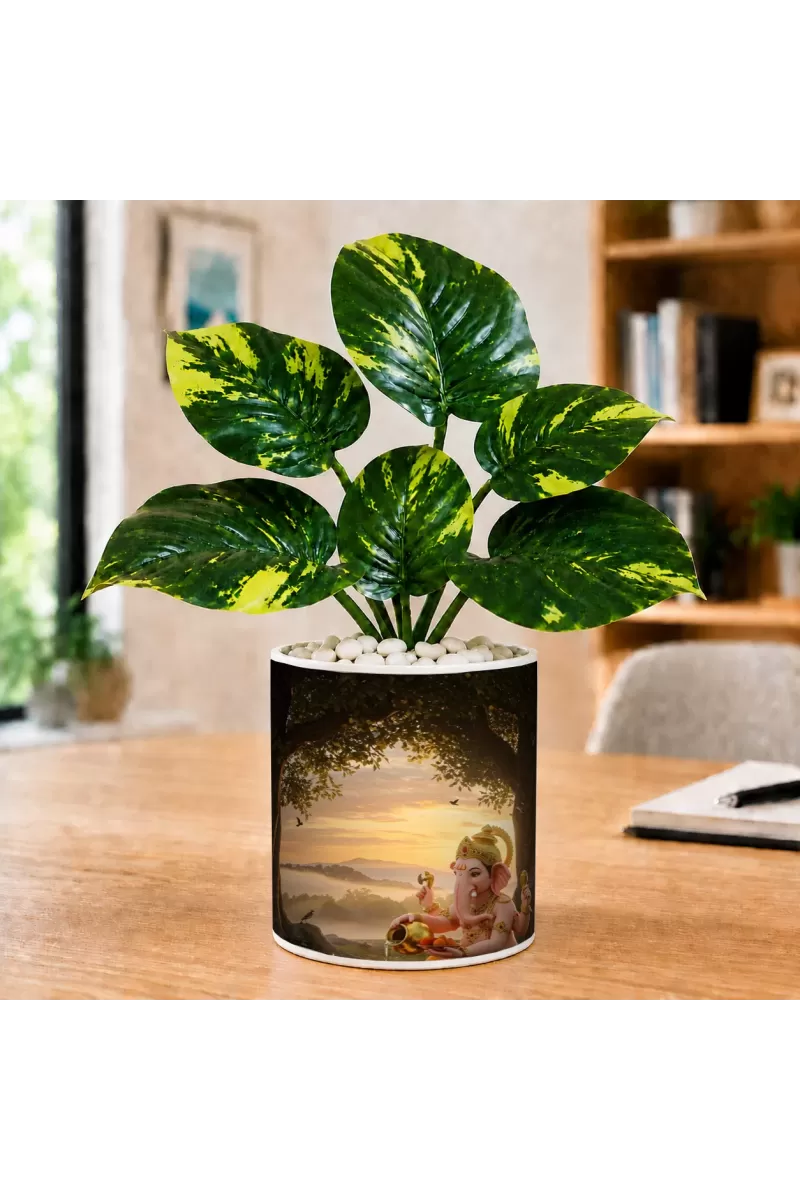 Artificial Tree Ceramic Photo Pot With White Stones 3x4 Inch (F164834)