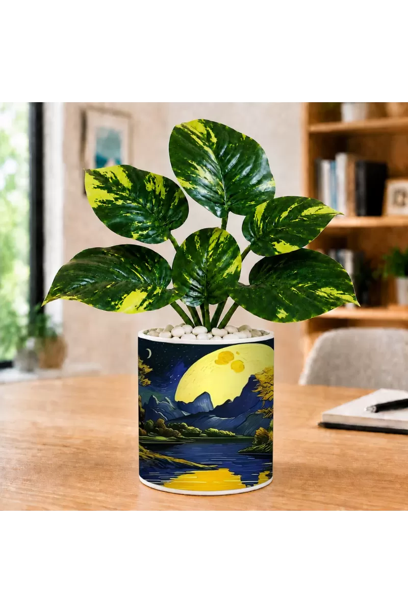Artificial Tree Ceramic Photo Pot With White Stones 3x4 Inch (F164839)