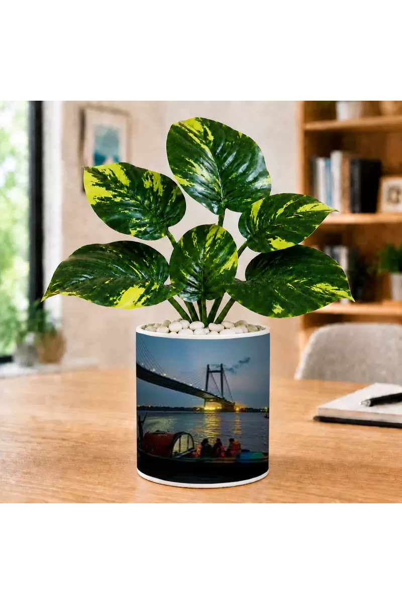 Artificial Tree Ceramic Photo Pot With White Stones 3x4 Inch (F164844)