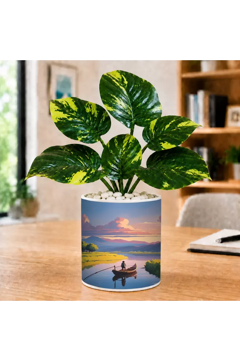 Artificial Tree Ceramic Photo Pot With White Stones 3x4 Inch (F164850)