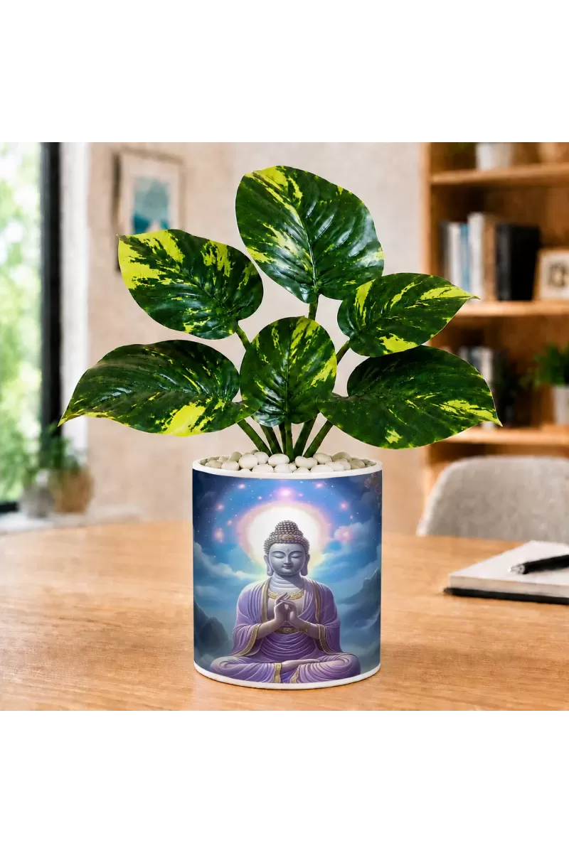 Artificial Tree Ceramic Photo Pot With White Stones 3x4 Inch (F164851)