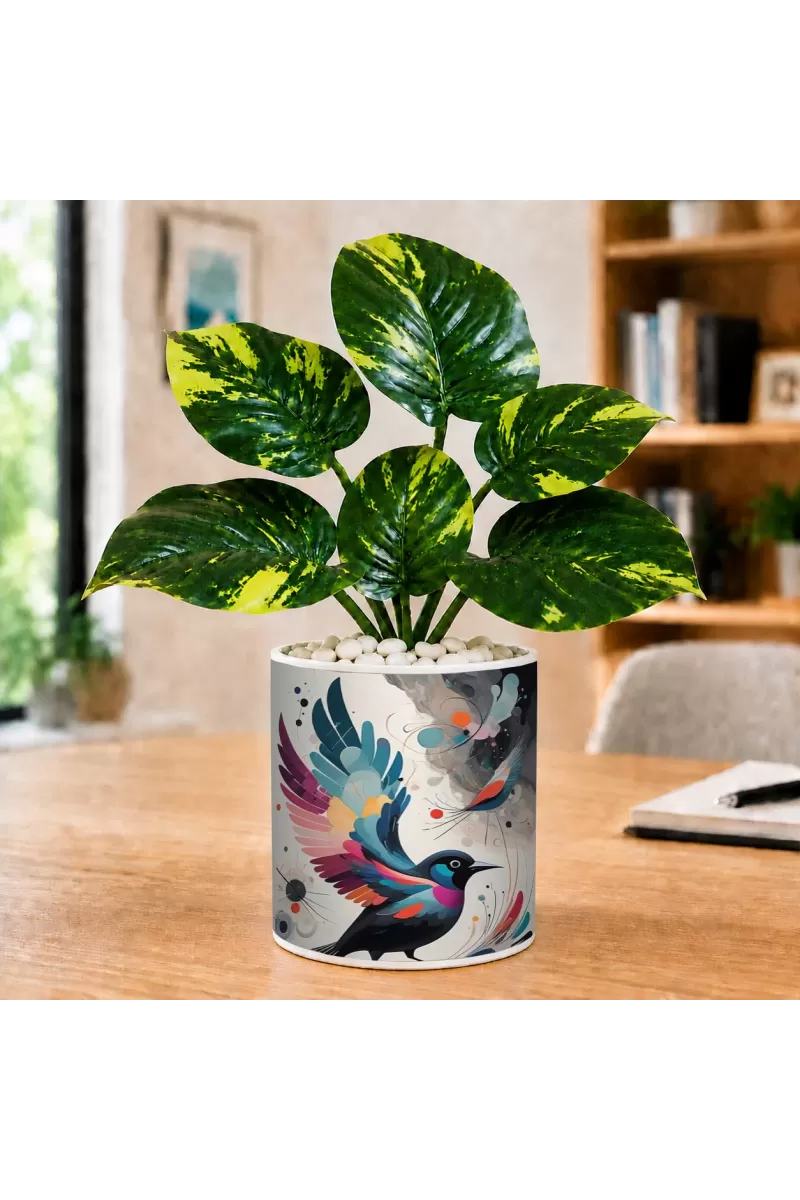 Artificial Tree Ceramic Photo Pot With White Stones 3x4 Inch (F164859)