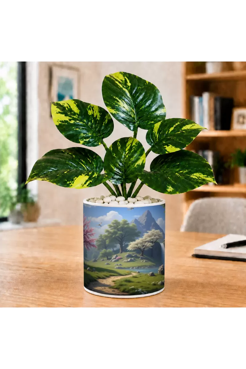Artificial Tree Ceramic Photo Pot With White Stones 3x4 Inch (F164860)