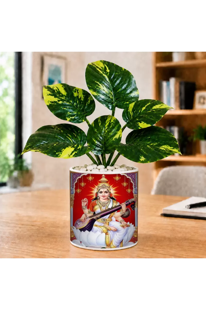 Artificial Tree Ceramic Photo Pot With White Stones 3x4 Inch (F164864)