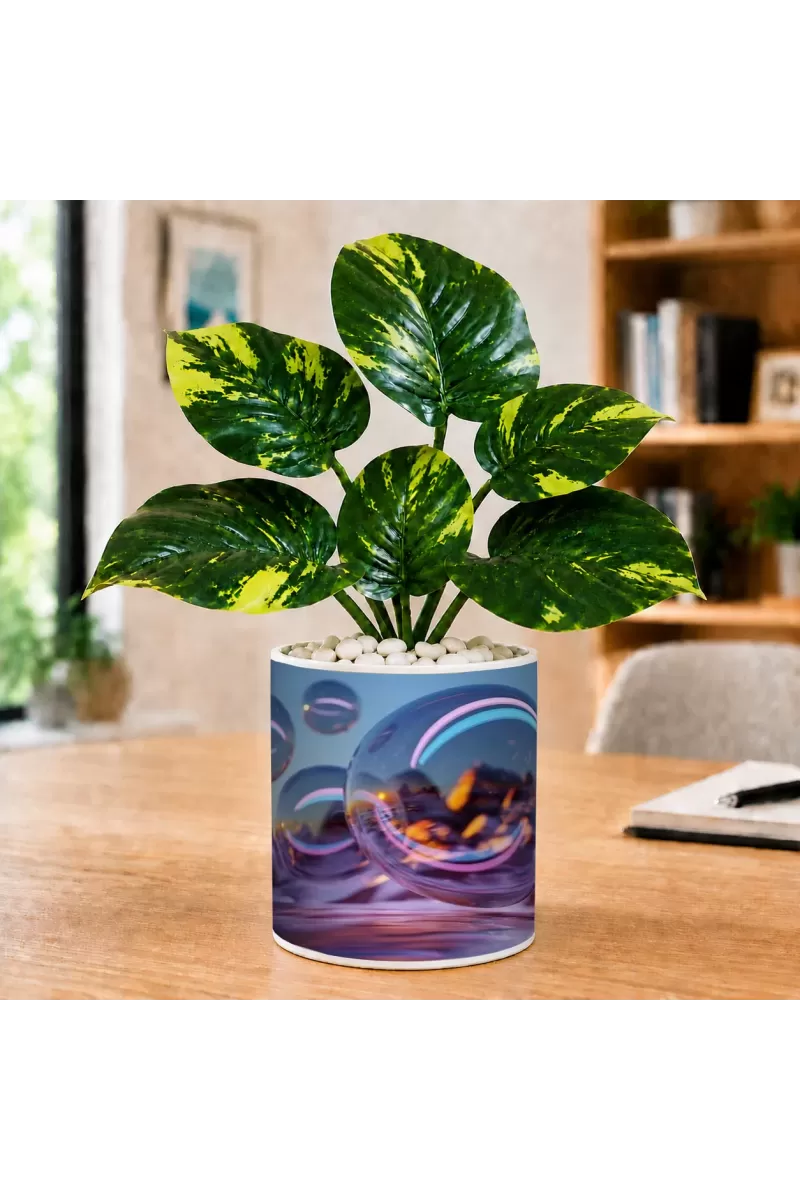 Artificial Tree Ceramic Photo Pot With White Stones 3x4 Inch (F164865)