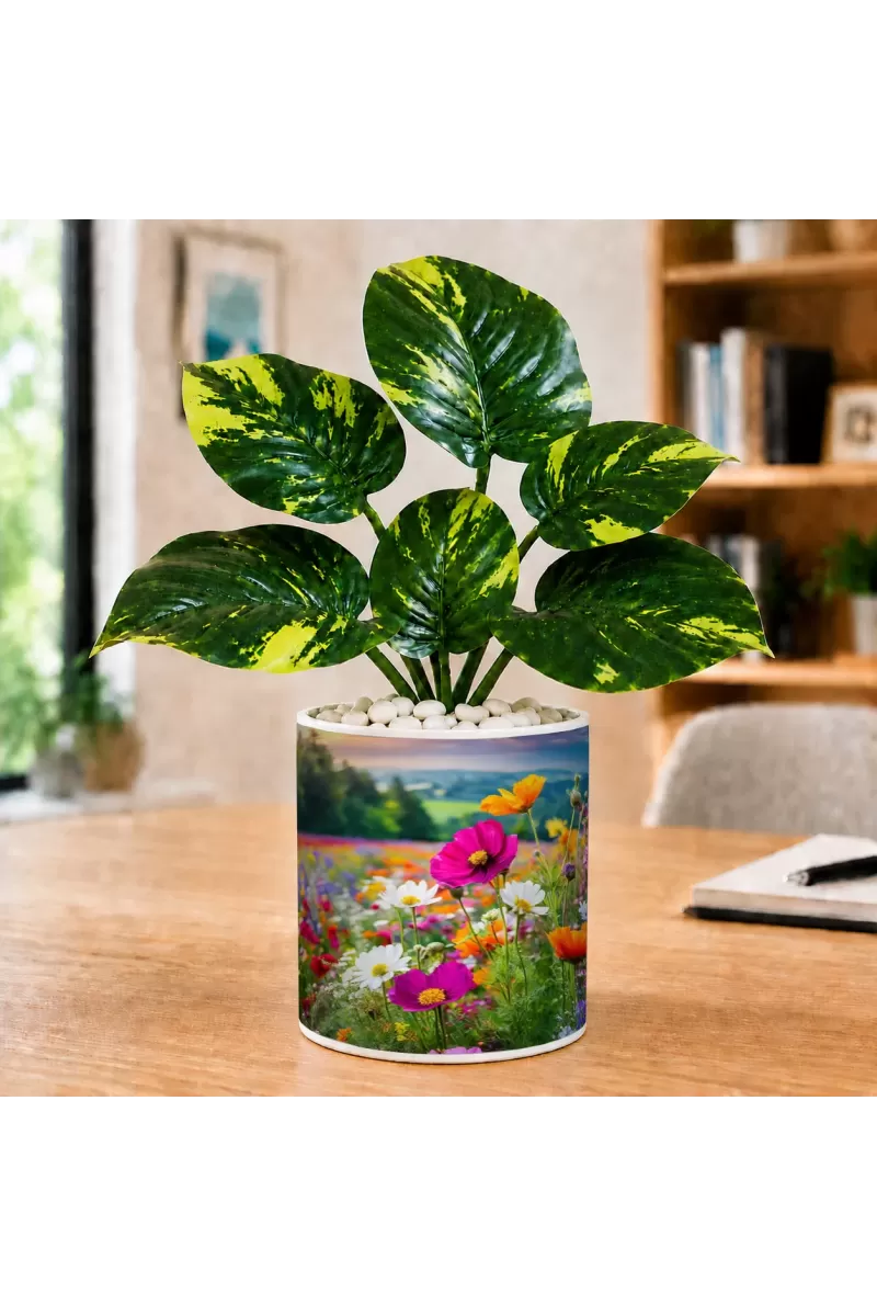 Artificial Tree Ceramic Photo Pot With White Stones 3x4 Inch (F164868)