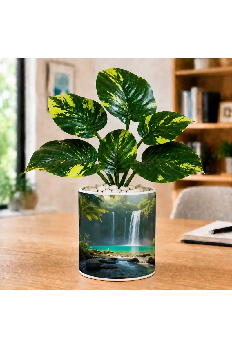 Artificial Tree Ceramic Photo Pot With White Stones 3x4 Inch (F164872)
