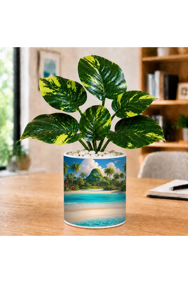 Artificial Tree Ceramic Photo Pot With White Stones 3x4 Inch (F164873)