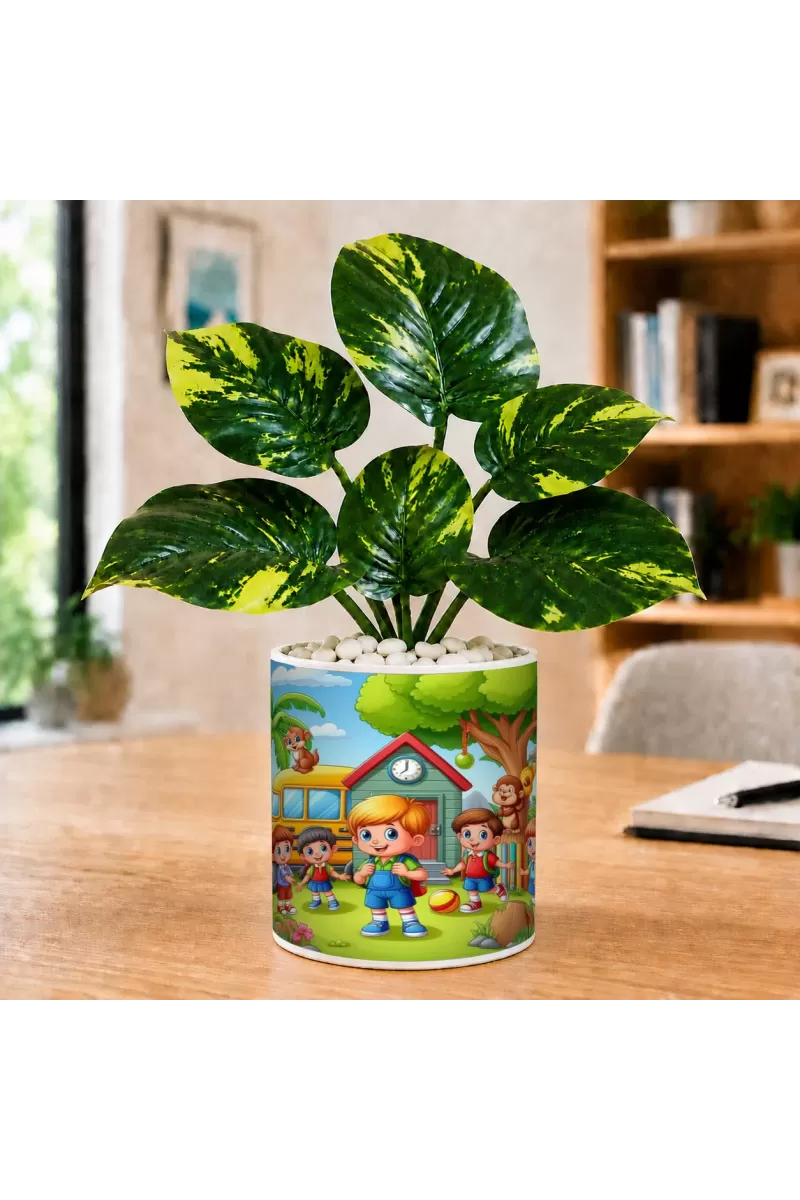 Artificial Tree Ceramic Photo Pot With White Stones 3x4 Inch (F164881)