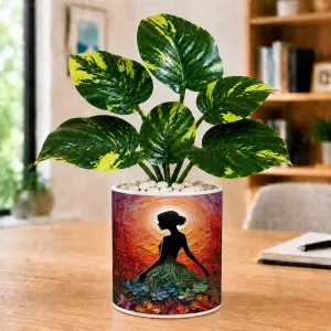 Artificial Tree Ceramic Photo Pot With White Stones 3x4 Inch (F164887)