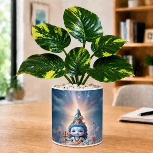 Artificial Tree Ceramic Photo Pot With White Stones 3x4 Inch (F164889)