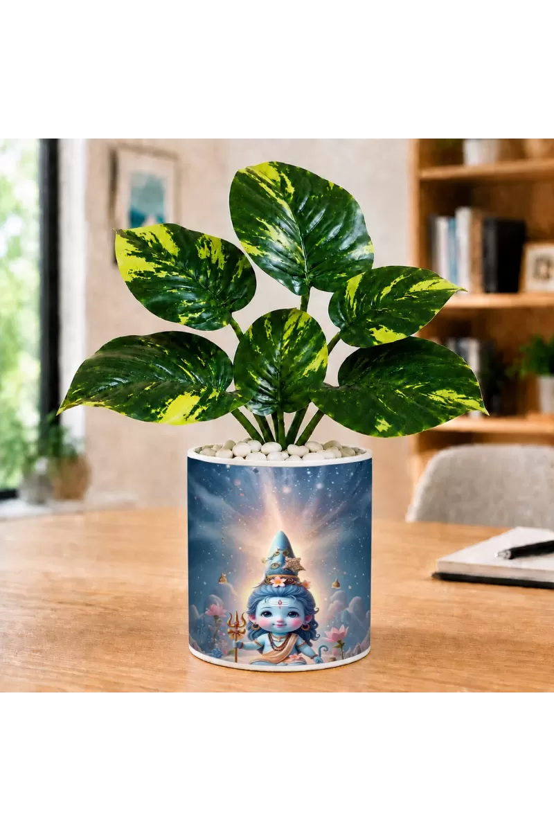 Artificial Tree Ceramic Photo Pot With White Stones 3x4 Inch (F164889)