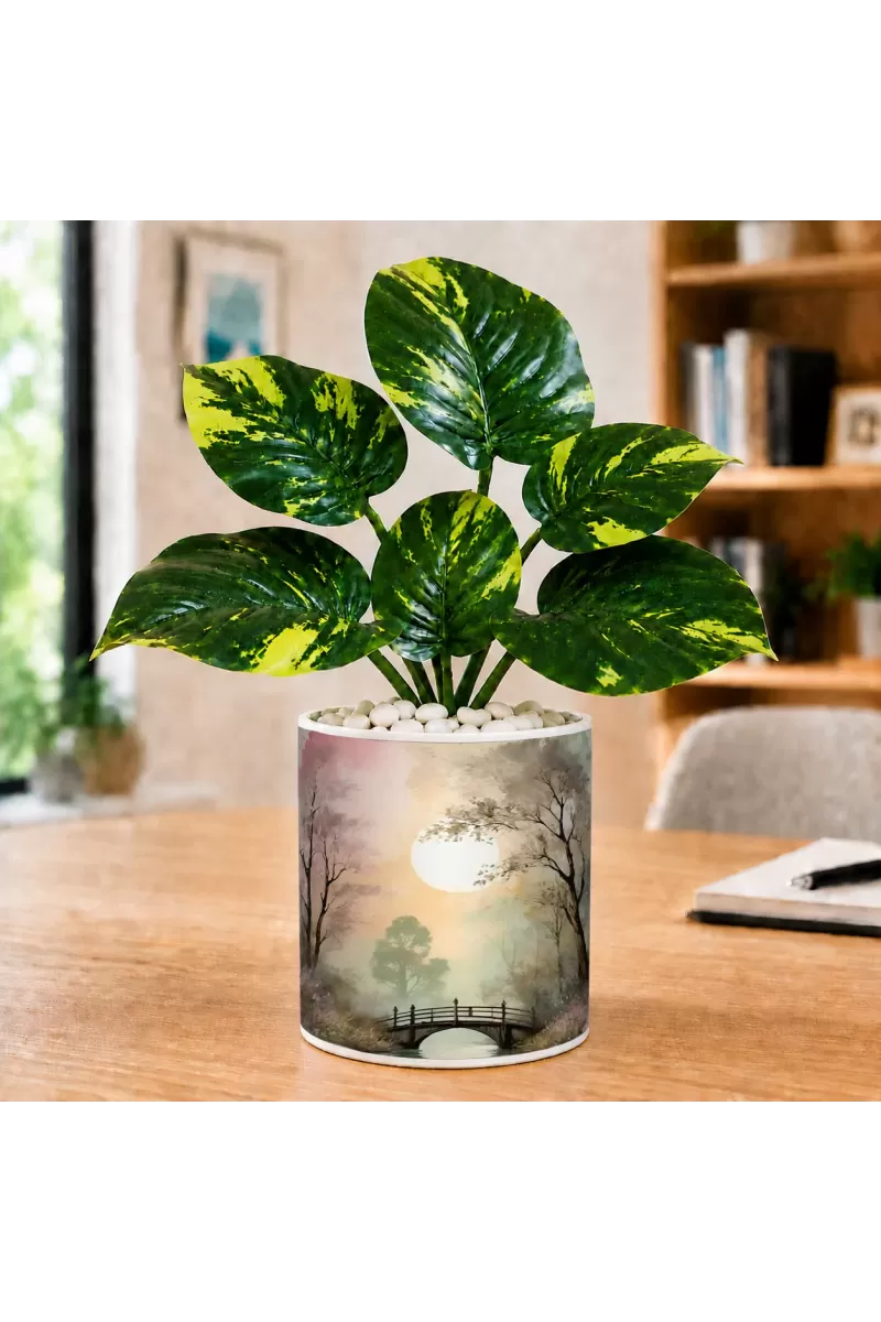 Artificial Tree Ceramic Photo Pot With White Stones 3x4 Inch (F164890)