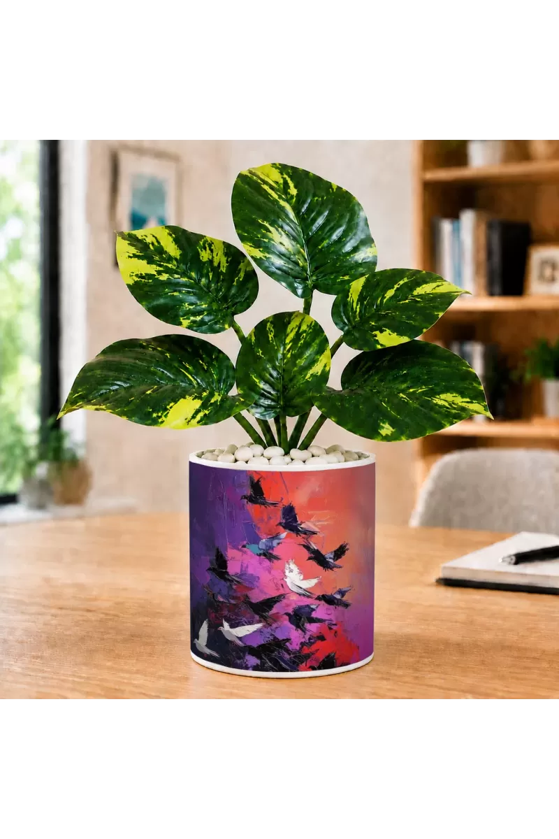 Artificial Tree Ceramic Photo Pot With White Stones 3x4 Inch (F164891)