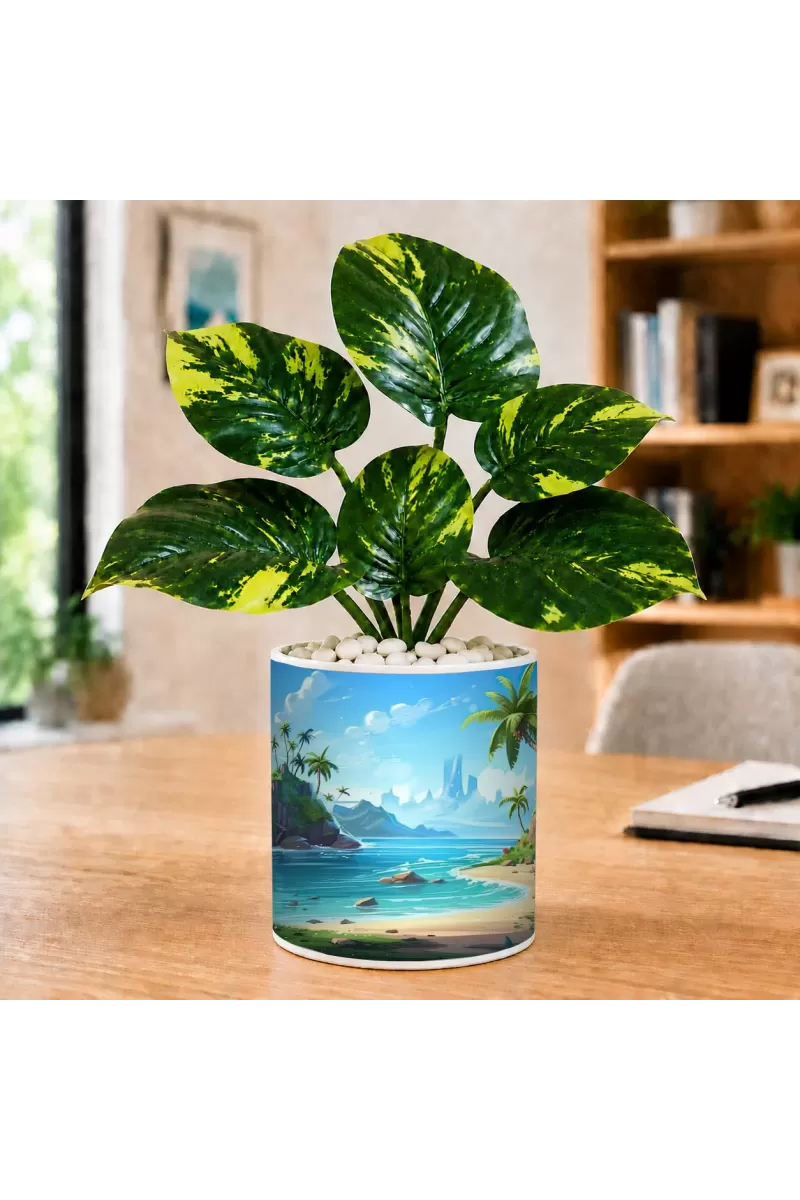 Artificial Tree Ceramic Photo Pot With White Stones 3x4 Inch (F164895)