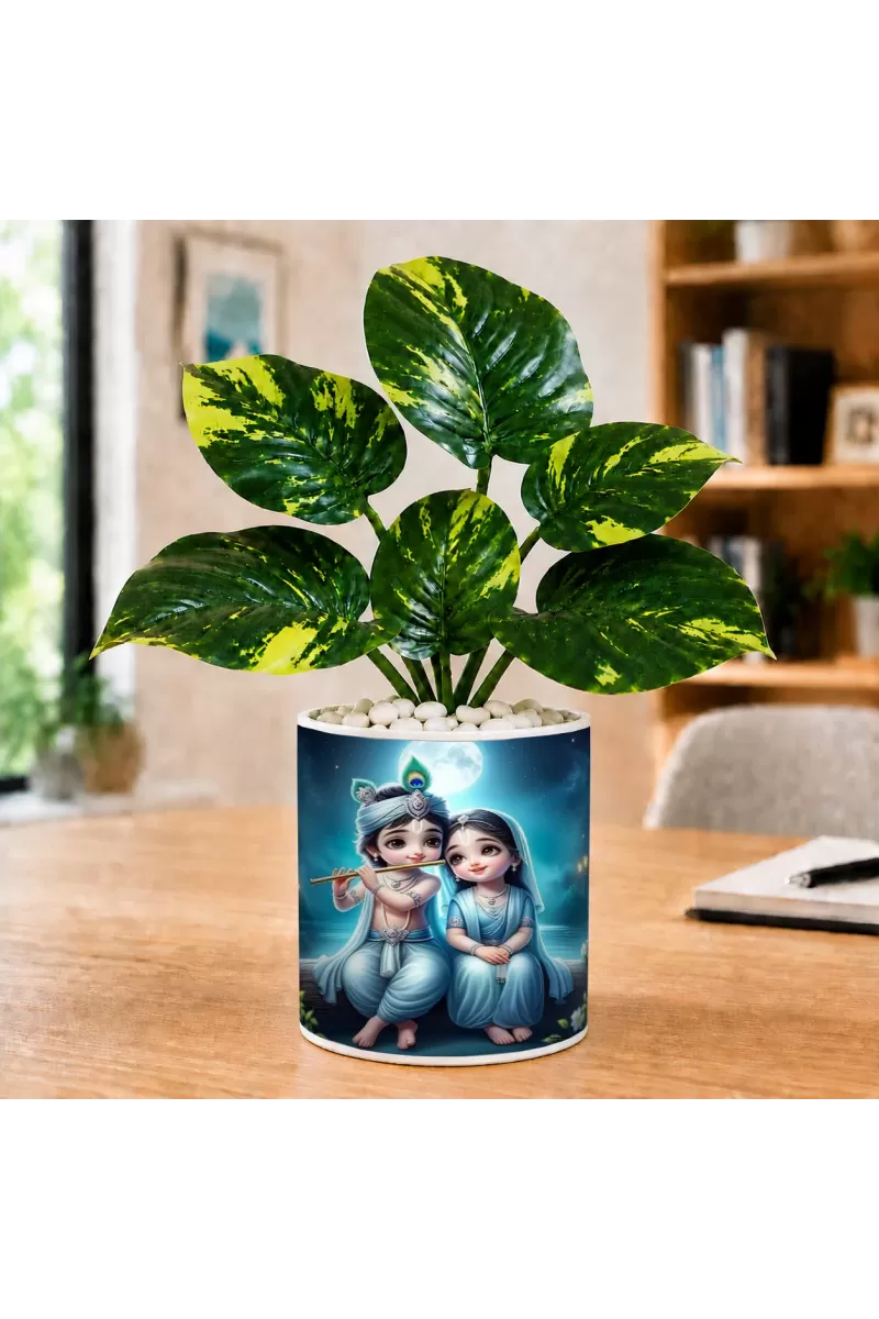 Artificial Tree Ceramic Photo Pot With White Stones 3x4 Inch (F164902)