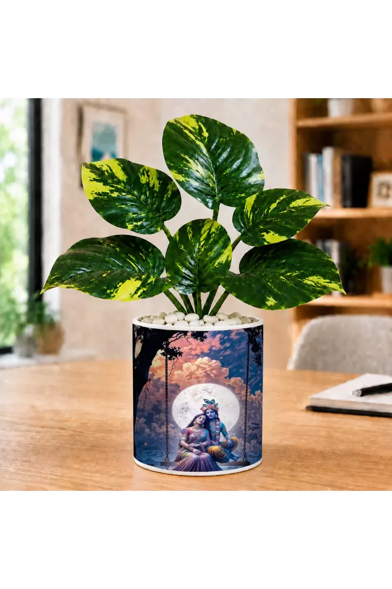 Artificial Tree Ceramic Photo Pot With White Stones 3x4 Inch (F164907)