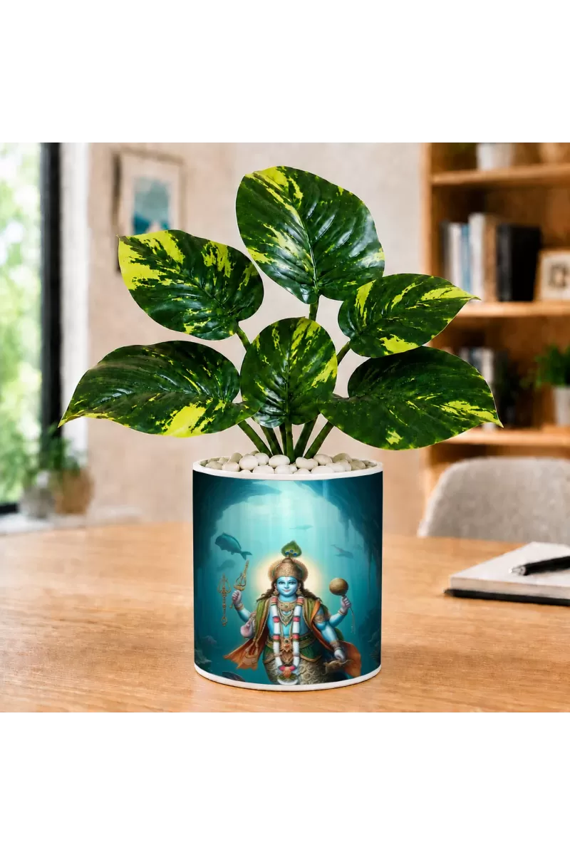 Artificial Tree Ceramic Photo Pot With White Stones 3x4 Inch (F164909)