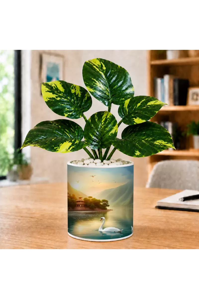Artificial Tree Ceramic Photo Pot With White Stones 3x4 Inch (F164914)