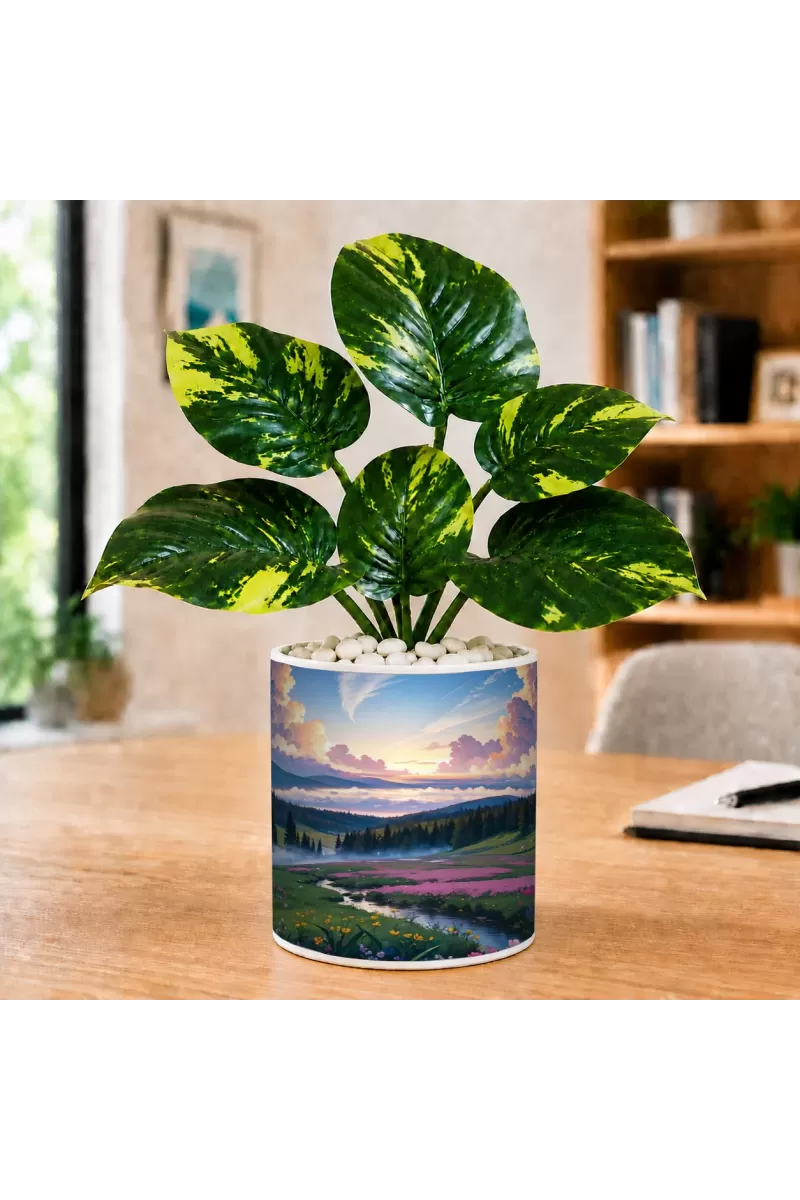 Artificial Tree Ceramic Photo Pot With White Stones 3x4 Inch (F164916)