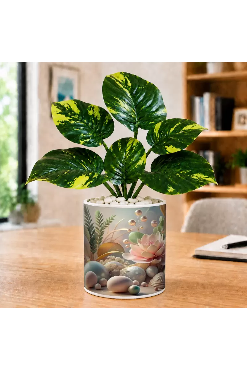 Artificial Tree Ceramic Photo Pot With White Stones 3x4 Inch (F164919)