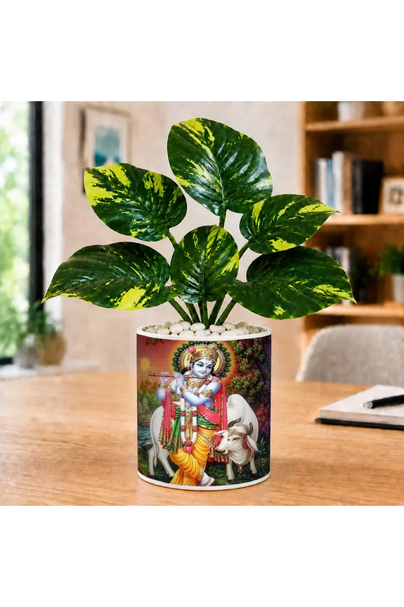 Artificial Tree Ceramic Photo Pot With White Stones 3x4 Inch (F164928)