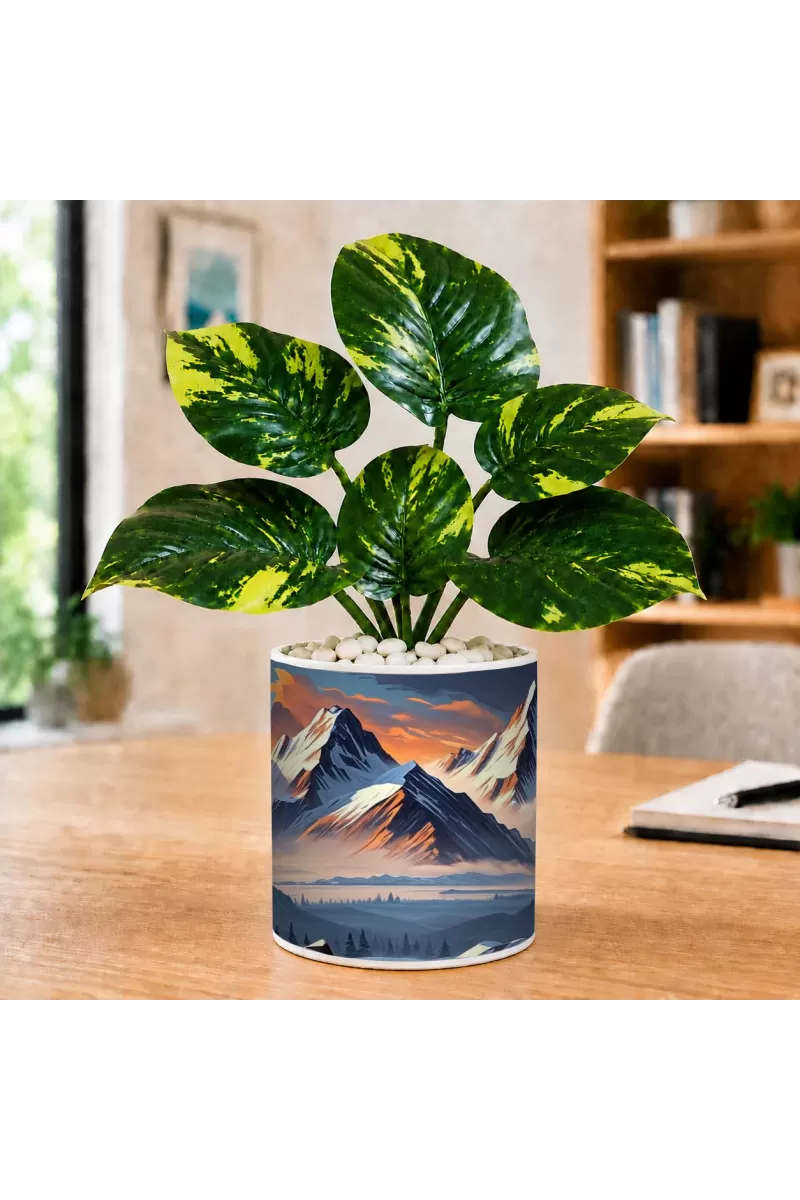 Artificial Tree Ceramic Photo Pot With White Stones 3x4 Inch (F164929)
