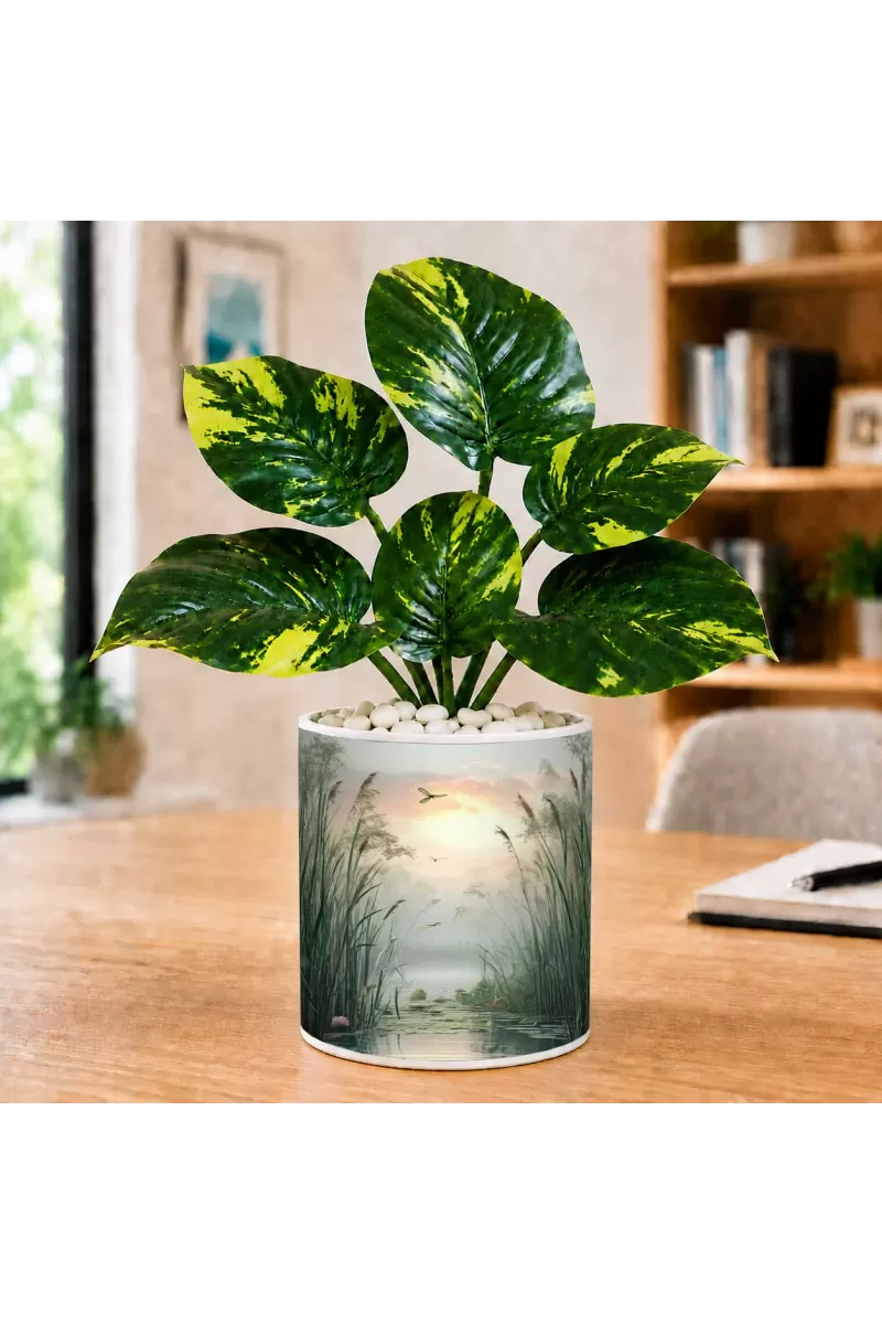 Artificial Tree Ceramic Photo Pot With White Stones 3x4 Inch (F164930)